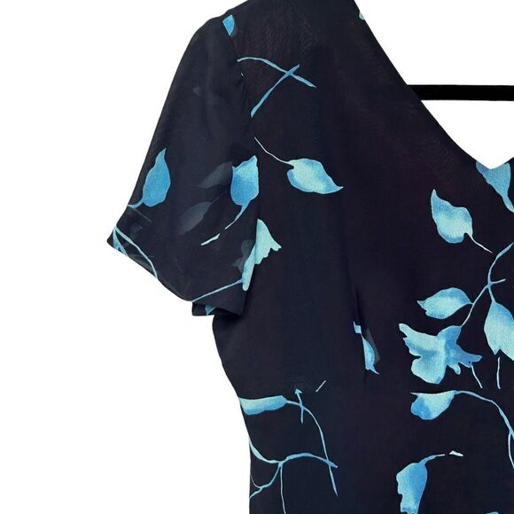 Vintage Coldwater Creek Black Blue Flowers Short Sleeve Floral Midi Dress V-neck - Picture 4 of 7